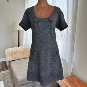 Italian Designer Bianco & Blu Wool Blend Knit Dress Gray Front Pockets Small